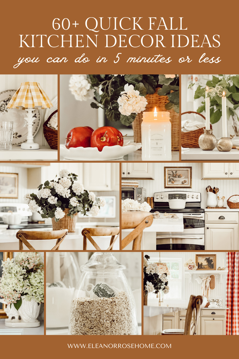 Pinterest graphic 60+ quick fall kitchen decor ideas you can do in 5 minutes or less.