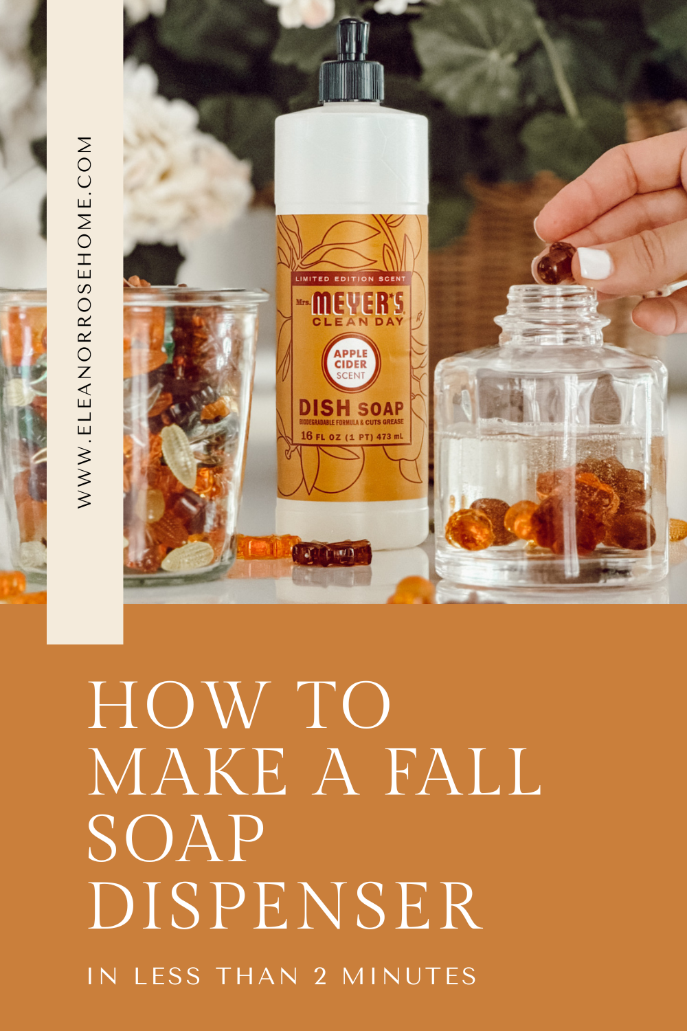 Pinterest graphic how to make a DIY fall soap dispenser in less than 2 minutes.