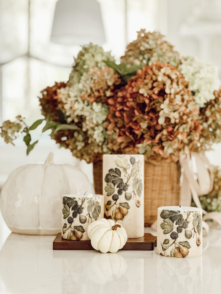 Basket of fresh hydrangea blooms for cozy fall decor in the kitchen.