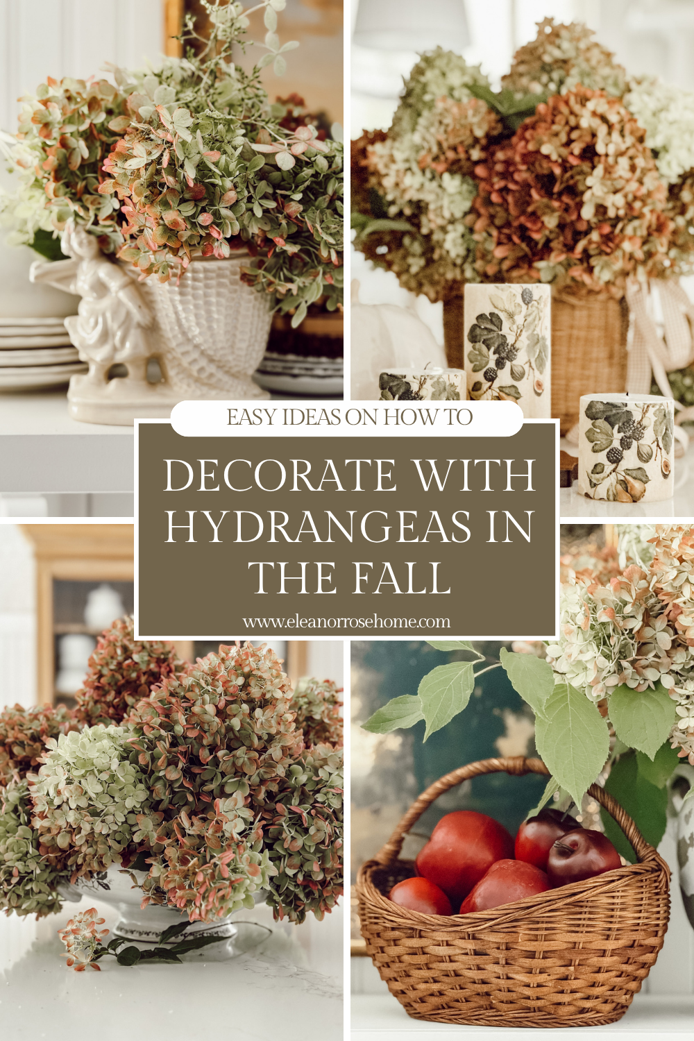 Pinterest graphic fall decorating with hydrangeas, easy ideas for your home.